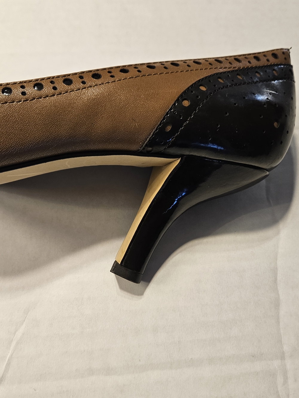 Franco Sarto Two-Tone Brown and Black Brogue Kitten Heels - Picture 4 of 8
